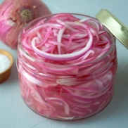 A jar of quick pickled pink/ red onions. Easy to make and keeps for weeks