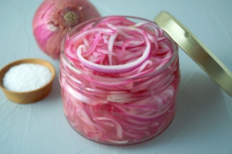 A jar of quick pickled pink/ red onions. Easy to make and keeps for weeks