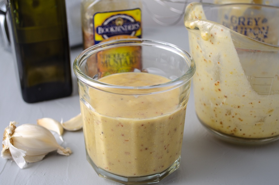 Jar of versatile homemade vinaigrette salad dressing, a bright dressing made from vinegar, mustard, garlic, and olive oil