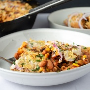 Classic tamale pie made plant-based & vegan with beans and corn