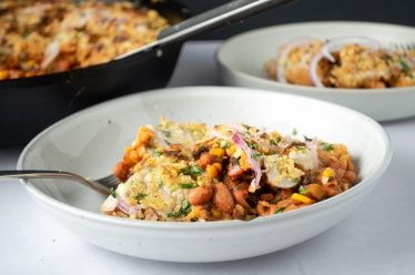 Classic tamale pie made plant-based & vegan with beans and corn