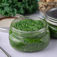 jar of kale-walnut pesto made without basil, great on pasta, soup, and roasted vegetables