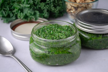 jar of kale-walnut pesto made without basil, great on pasta, soup, and roasted vegetables