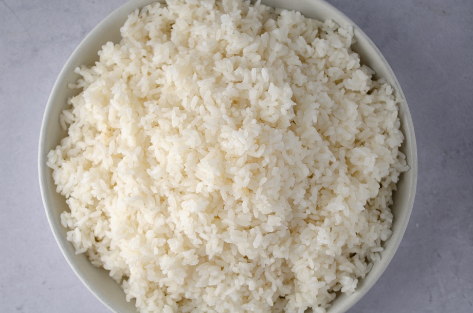 Pot of fluffy, easy, perfectly cooked medium grain white rice