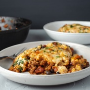 Classic tamale pie made with plant-based, vegan, ground beef meat