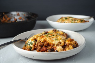 Classic tamale pie made with plant-based, vegan, ground beef meat