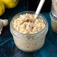 Jar of homemade bright lemon pesto - packs flavor onto pizza, sauces, veggies, pasta, and soup