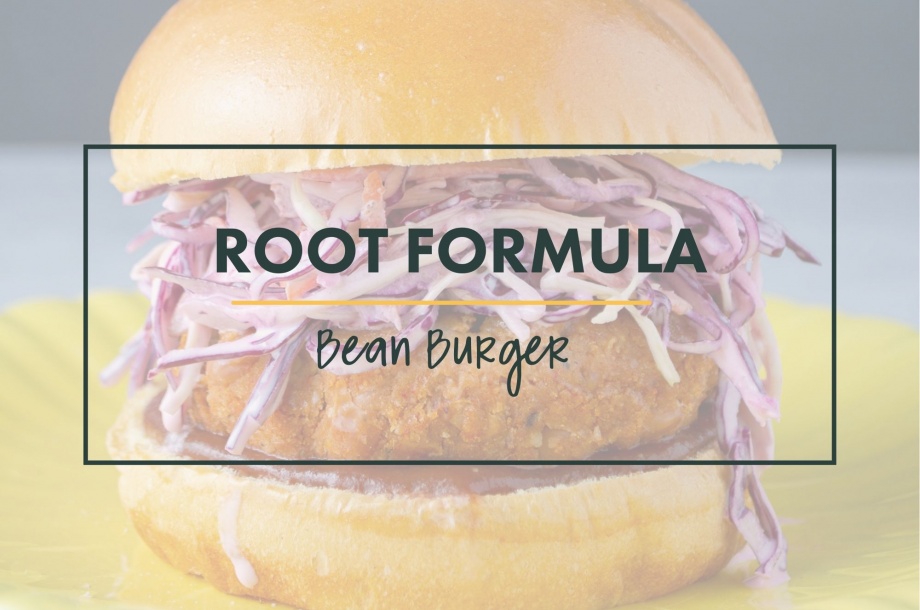 Root formula for vegan bean burger made from a bean patty with various flavorings and topped with a red cabbage cold slaw on a bun
