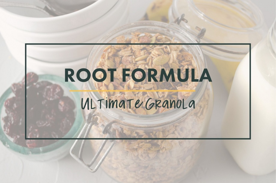 Root formula for homemade granola with oats, almonds, dried fruit, roasted nuts or seeds, and extra mix-ins and toppings