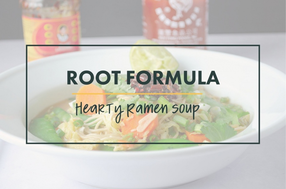 Root formula for hearty ramen soup made with warm broth, seasonal vegetables, herbs, and other mix-ins.