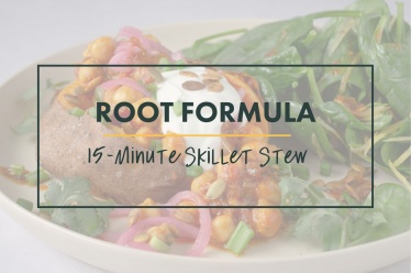 Root formula for 15-Minute skillet bean stews made from beans, seasoning, and sauce served in a sweet potato jacket and topped with pickled pink onions with a side of spinach salad