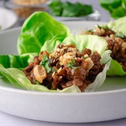 Asian flavored vegan lettuce cups made with lentils and walnuts