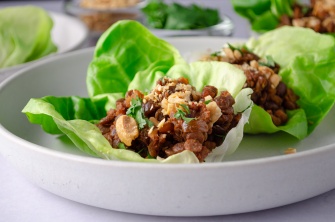 Asian flavored vegan lettuce cups made with lentils and walnuts