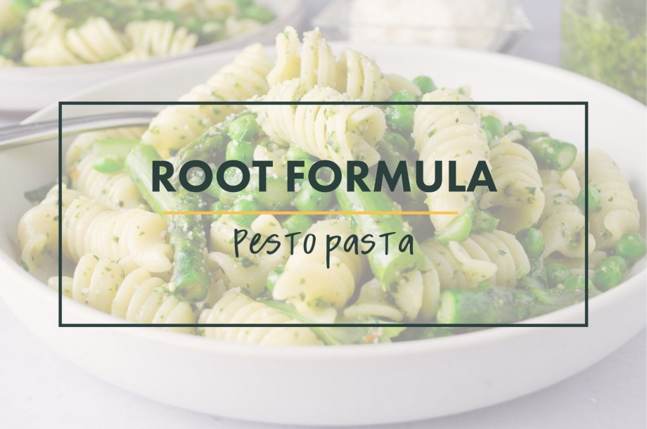 Root formula for vegetable pasta pesto, a vegan plant-based hearty meal