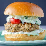 A gyro-flavored protein-packed vegan bean burger topped with homemade tzatziki