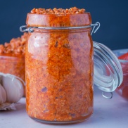 A jar of flavor-packed, easy, homemade, vegan sundried tomato pesto