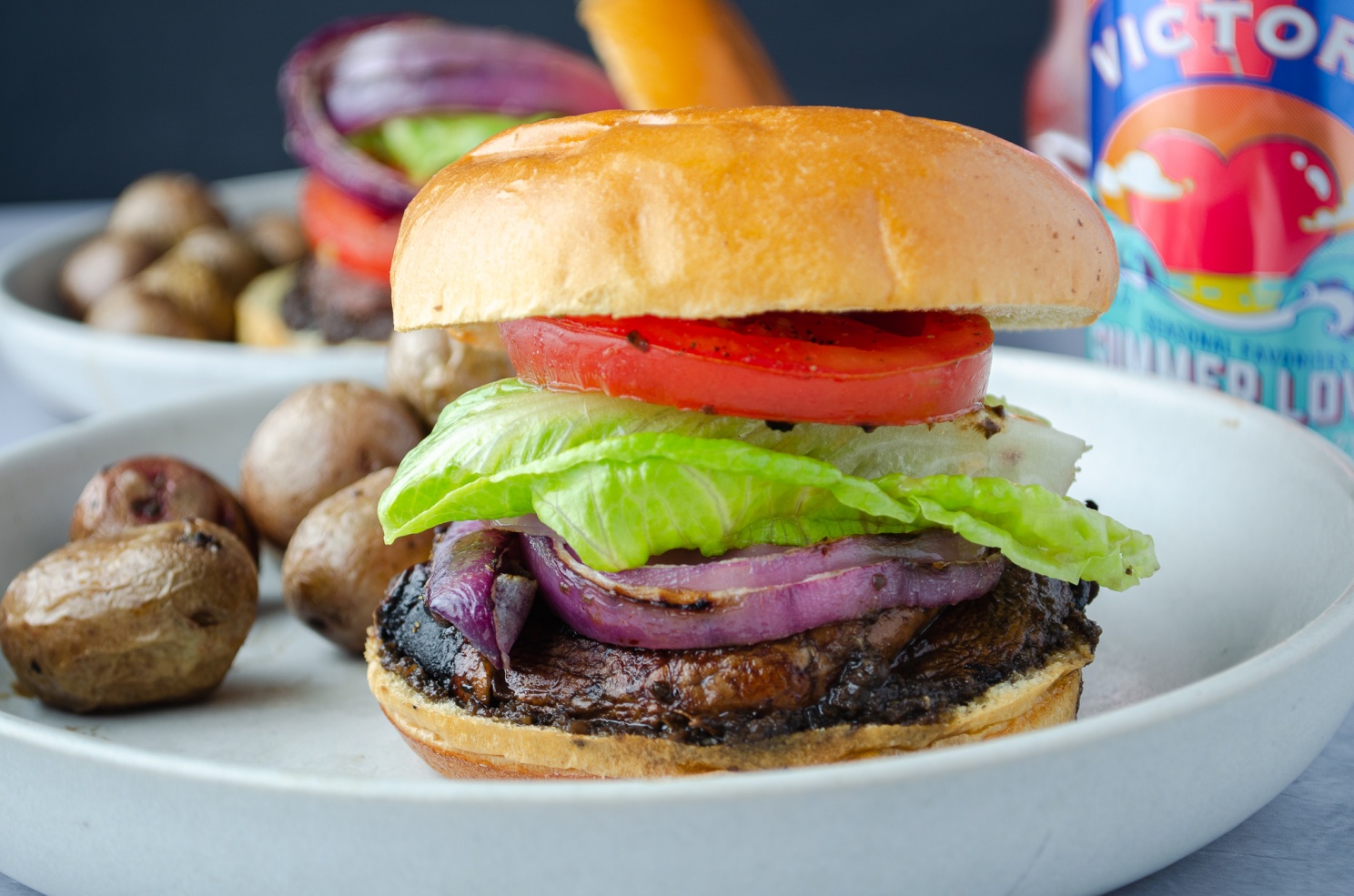 Grilled Portobello Mushroom "burger" with red wine mushroom sauce