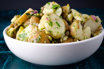 Easy sliced potato salad made with cornichons and capers