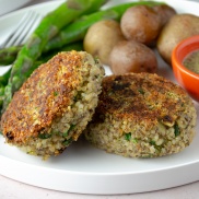 Quick and easy vegan quinoa cakes with asparagus and potatoes and a mustard pan sauce