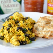 Vegan protein-full breakfast of tofu scrambled eggs with black beans and salsa