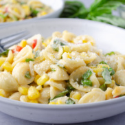 A creamy, vegan, dairy-free corn pasta