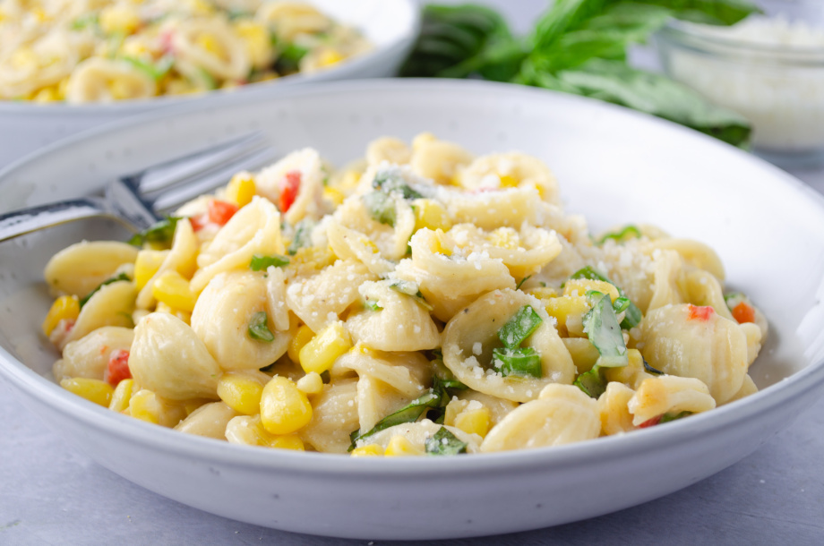 A creamy, vegan, dairy-free corn pasta