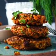 A stack of simple and delicious vegan, plant-rich vegetable fritters
