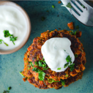 A stack of simple and delicious vegan, plant-rich vegetable fritters