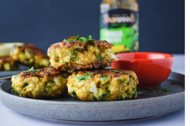 Nutrient-dense, vegan, plant-based vegetable fritters made from cauliflower and flavored with curry