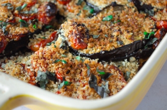 A tray of crispy and delicious vegan, plant-rich baked eggplant parmesan that is quick and easy to make