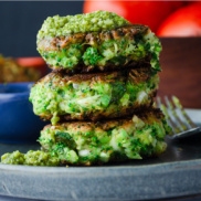 Nutrient-dense, vegan, plant-based vegetable fritters made from broccoli and flavored with basil