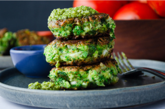 Nutrient-dense, vegan, plant-based vegetable fritters made from broccoli and flavored with basil