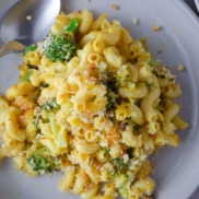 A plate of creamy, velvety, savory vegan, dairy-free, plant-rich mac and cheese with broccoli and breadcrumbs