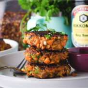 Nutrient-dense, vegan, plant-based vegetable fritters made from sweet potato and flavored with chinese five-spice