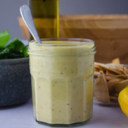 A jar of homemade easy caesar salad dressing