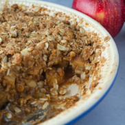 Warm pear-apple crumble that's a combination of pears and apples—a soft, succulent pear in one bite, a firm, slightly tart apple in the next, all blanketed with a crisp oatmeal topping