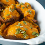 Creamy, vegan, dairy-free sweet potato puree served in the skin to make sweet potato boats