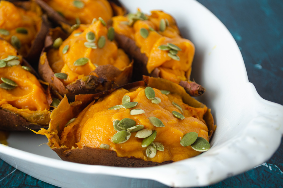 Creamy, vegan, dairy-free sweet potato puree served in the skin to make sweet potato boats