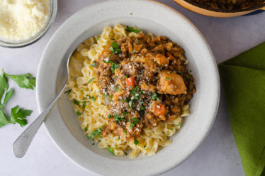 A warm, hearty, plant-based entree of creamy lentil stew with Italian seasonings