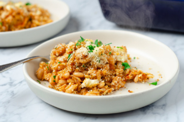 A plate of white bean and orzo gratin topped with seasoned breadcrumbs and herbs and flavored with mediterranean inspired flavorings for a delicious, plant-based dinner idea
