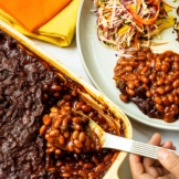 A casserole full of smoky, hearty vegetarian baked beans made southern-style for a perfect Memorial Day side dish