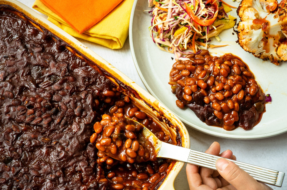 A casserole full of smoky, hearty vegetarian baked beans made southern-style for a perfect Memorial Day side dish