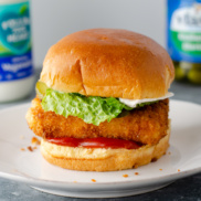 A fried slab of tofu marinated in pickle juice and dredged in dijon mustard then crusted with panko and fried for the ultimate weeknight "chicken" sandwich