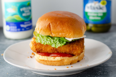A fried slab of tofu marinated in pickle juice and dredged in dijon mustard then crusted with panko and fried for the ultimate weeknight "chicken" sandwich