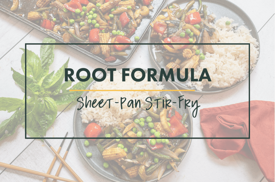 A formula for a sheet pan vegan stir fry with edamame, vegetables, sauce, and a big side of rice
