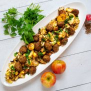 A sheet pan tray of plant-based meatballs,